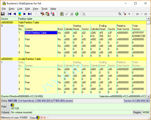 DiskExplorer: Start screen showing sector 0 of HD128 (1st drive)