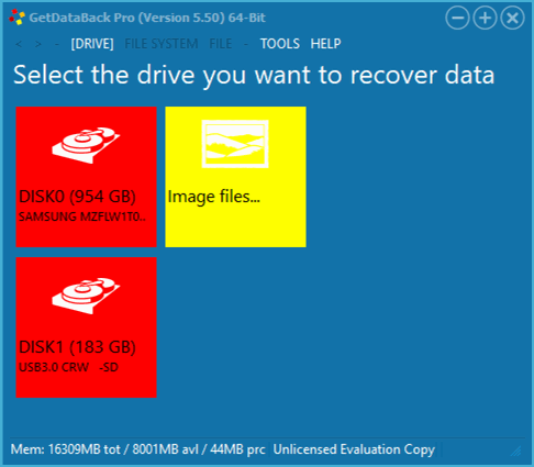 GetDataBack: Start screen showing the available drives